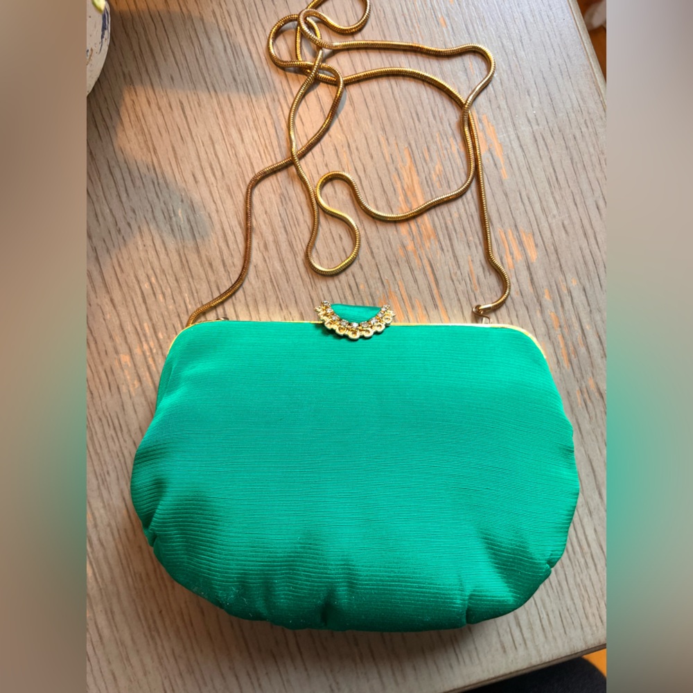 Emerald green rayon and gold ladies clutch and purse